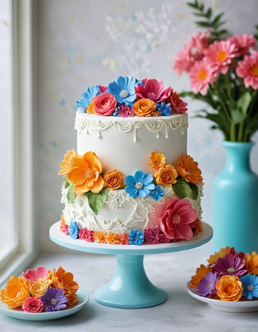 A beautifully crafted cake adorned with intricate sugar flowers and delicate icing details, set against a bright and airy kitchen backdrop. Showcase a selection of cake decorating tools, like piping bags and fondant molds, artfully arranged around the cake. Soft natural lighting highlights the cake's textures and colors, inviting viewers to explore the world of sugar art. vibrant colors. 3D. super-realistic.