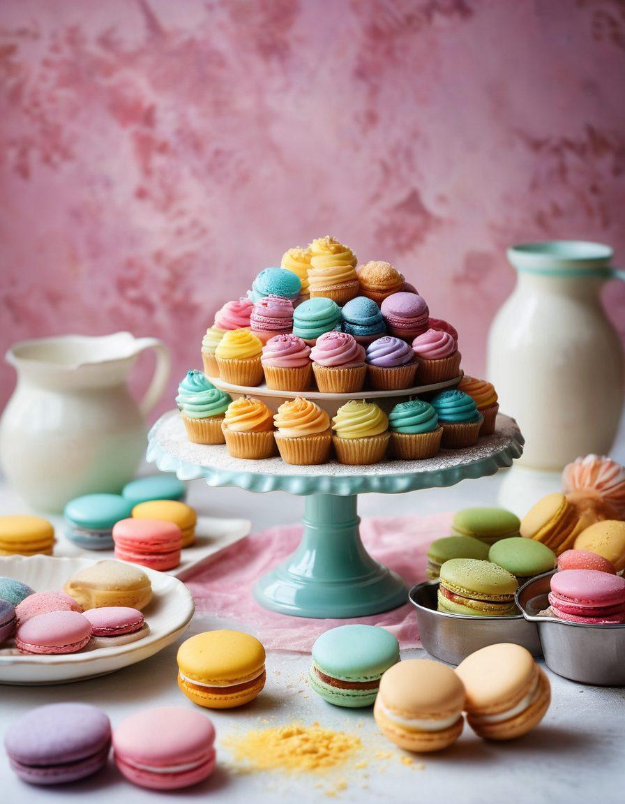 A whimsical kitchen scene featuring a colorful array of artful desserts, such as intricately decorated cupcakes, a multi-layered cake, and delicate macarons. Include a person joyfully baking, surrounded by mixing bowls and baking tools, with flour dust particles sparkling in the light. The atmosphere should evoke warmth and creativity, highlighting the passion for baking. Use pastel colors and soft lighting for a dreamy effect. vibrant colors. painting.