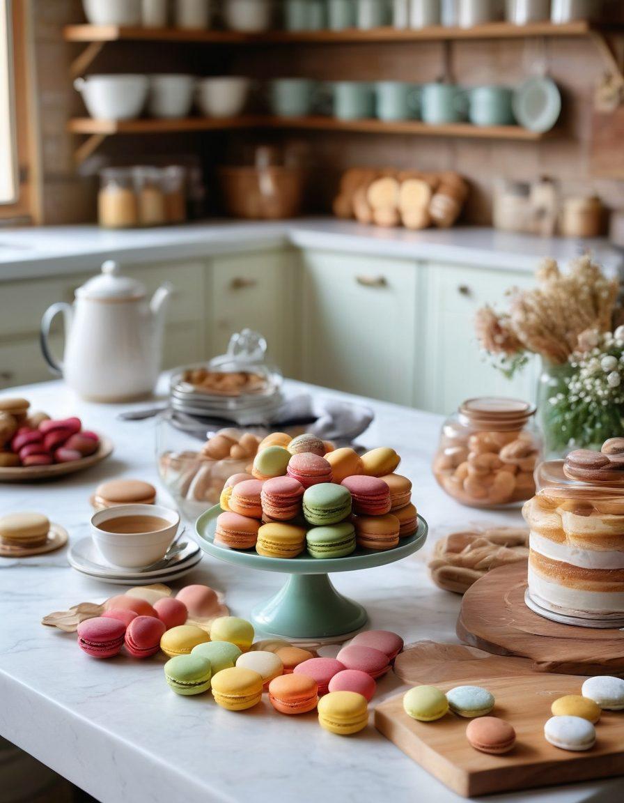 A cozy kitchen scene with a skilled baker showcasing an array of homemade treats transitioned into gourmet delicacies. The countertop is adorned with colorful macaroons, a beautiful layered cake, and fresh pastries, while a cookbook opened to a recipe shines in the warm light. A rolling pin and whisks hint at the baking process, surrounded by flour-dusted surfaces and vibrant ingredients. Soft, inviting colors evoke a welcoming atmosphere. super-realistic. warm tones. homely setting.